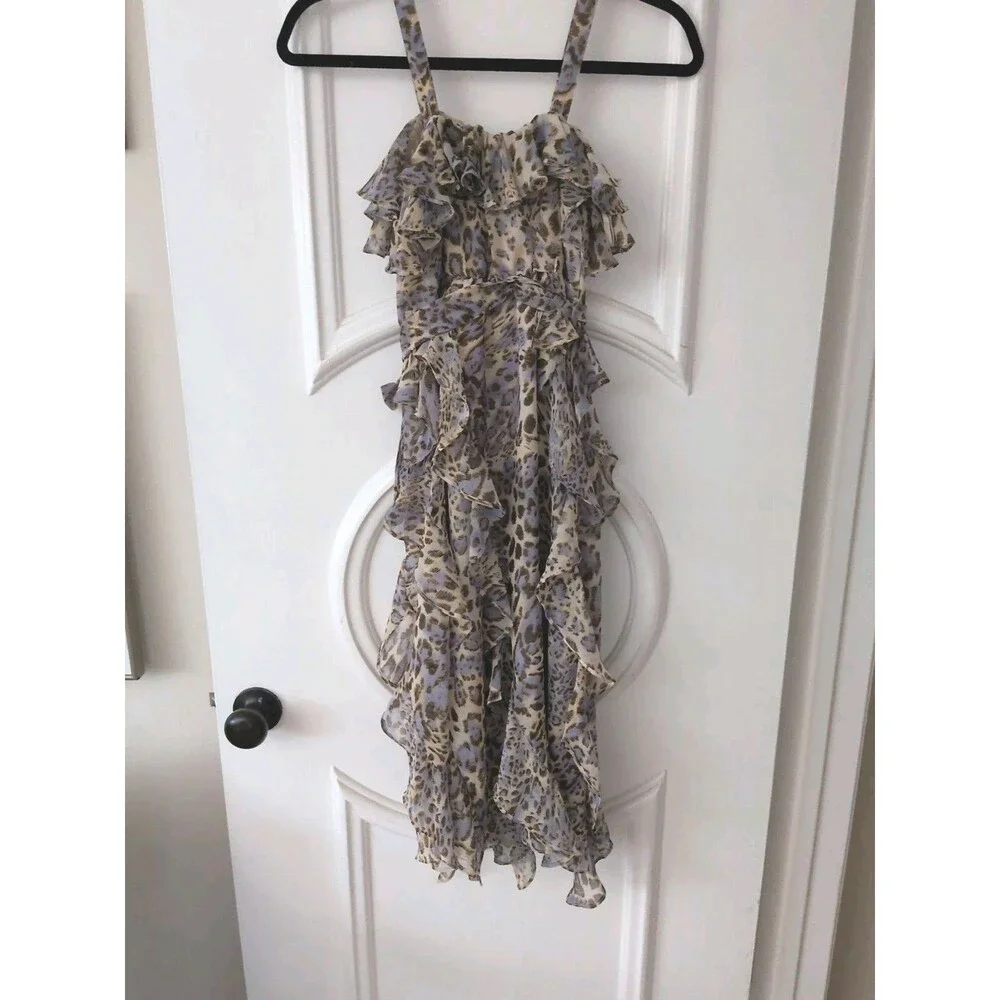 Bardot Junior Girls 10 Midi Tiered Chiffon Dress Animal Print Ruffled Straps/Tie